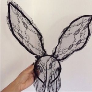Black lace bunny ears with face veil Ariana Vibes